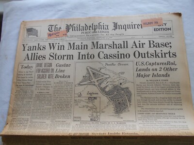 THE PHILADELPHIA INQUIRER FEBRUARY 3 1944 YANKS WIN MAIN MARSHALL AIR BASE