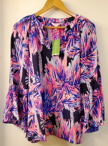 Lilly Pulitzer Bluse Neu mit Etikett Matilda Seidentop MED hellmarine Palmen hoch 28652410US2M - Bild 3 von 14