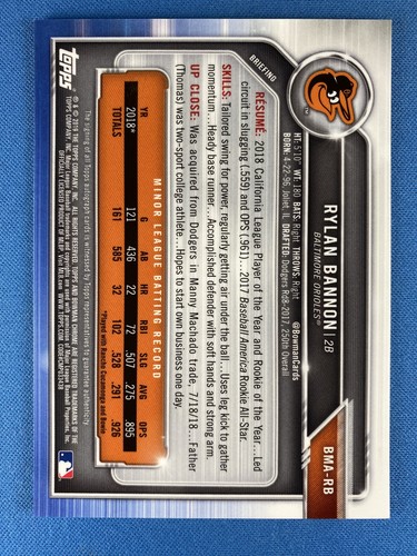 Rylan Bannon 2019 Bowman #BMA-RB Mojo Auto Baltimore Orioles - Picture 2 of 2