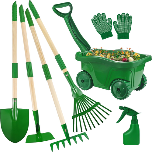 Kids Gardening Tools Set - 7Pcs Wheelbarrow Set for Kids with Shovel, Rake, Leaf - Picture 10 of 12