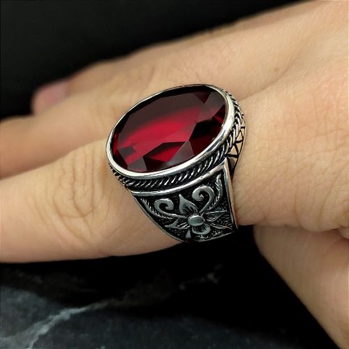 Men Silver Red Ruby Stone Ring , Men Red Ruby Gemstone Ring , Turkish Handmade - Picture 7 of 8