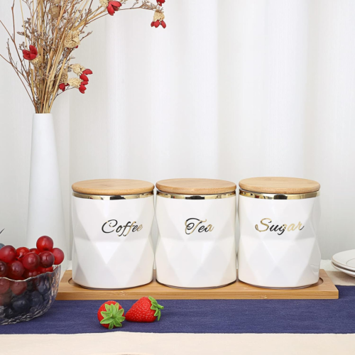 Set of 3 Ceramic Canisters Set Sugar Coffee Tea, Luxurious Storage Containers Se - Picture 9 of 9