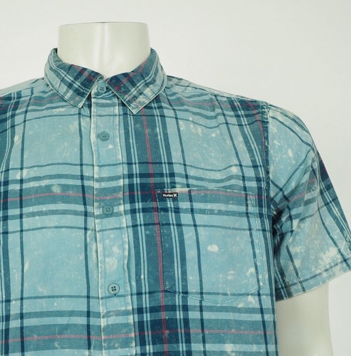 Hurley Button Down Shirt Mens Large Archer Bleached Blue Plaid Striped Cotton - Picture 2 of 3