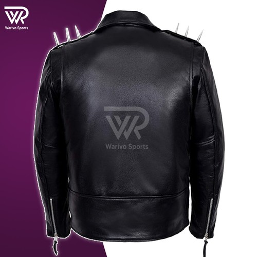 Ghost Biker Inspired Black Leather Jacket w/ Spikes – Men's Motorcycle Costume - Picture 4 of 6