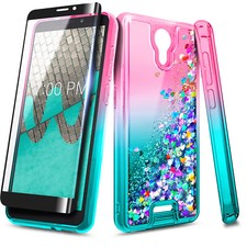 For Cricket Icon 2 Case, Liquid Glitter Phone Cover Tempered Glass Protector