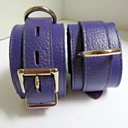 Leather Wrist Cuffs, Collar & Leash Set, Purple Leather Handcrafted USA SPECIAL - Picture 11 of 34