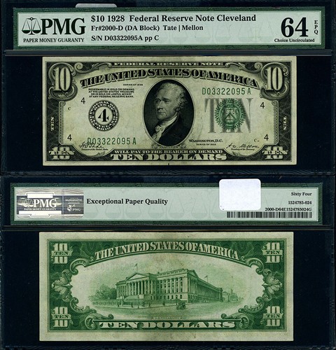 FR. 2000 D $10 1928 Federal Reserve Note Cleveland D-A Block Choice PMG CU64 EPQ - Picture 1 of 3