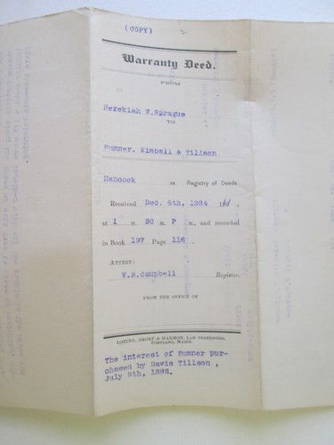 1884 SWANS ISLAND MAINE DEED-COPY, SPRAGUE to SUMNER, KIMBALL, TILLSON ROCKLAND - Picture 5 of 5