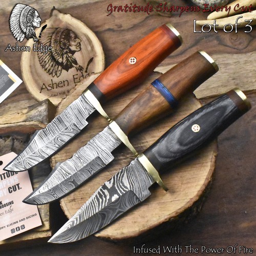 Ashen Edge Hot Item Skinner Knife Twist Damascus Hard Wood Lot of 3 Camping