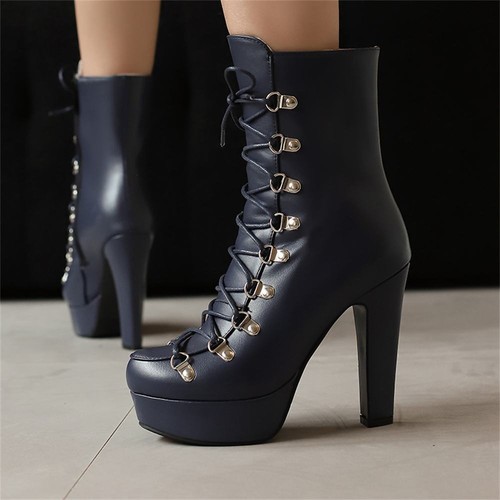 Gothic Womens Lace Up Platform High Stiletto Heels Mid Calf Punk Combat Boots - Picture 4 of 26
