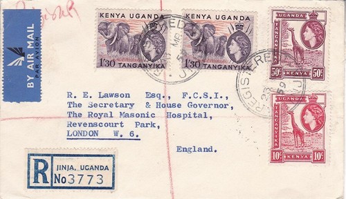 1959 Kenya,Uganda&Tanzania #104,#110,#113(2)on Jinja Uganda Reg Cov to England*d - Picture 1 of 2