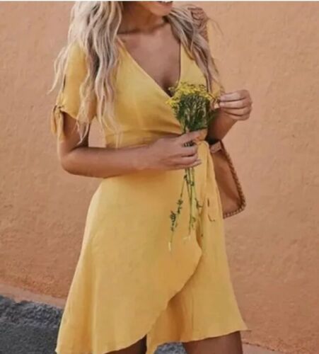 Lulus My Philosophy Golden Wickel Sommerkleid Gr. S gelb sommerlich feminin flirty - Bild 3 von 14