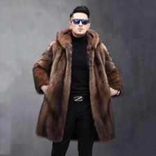 Mens Hooded Mink Coat Winter New Long Warm Whole Mink Fur Coat Casual Large Size