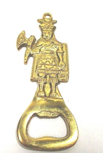 Brass Bottle Opener Beer Soda Bar Peru Mayan Man Warrior Barware Hangable - Picture 1 of 9