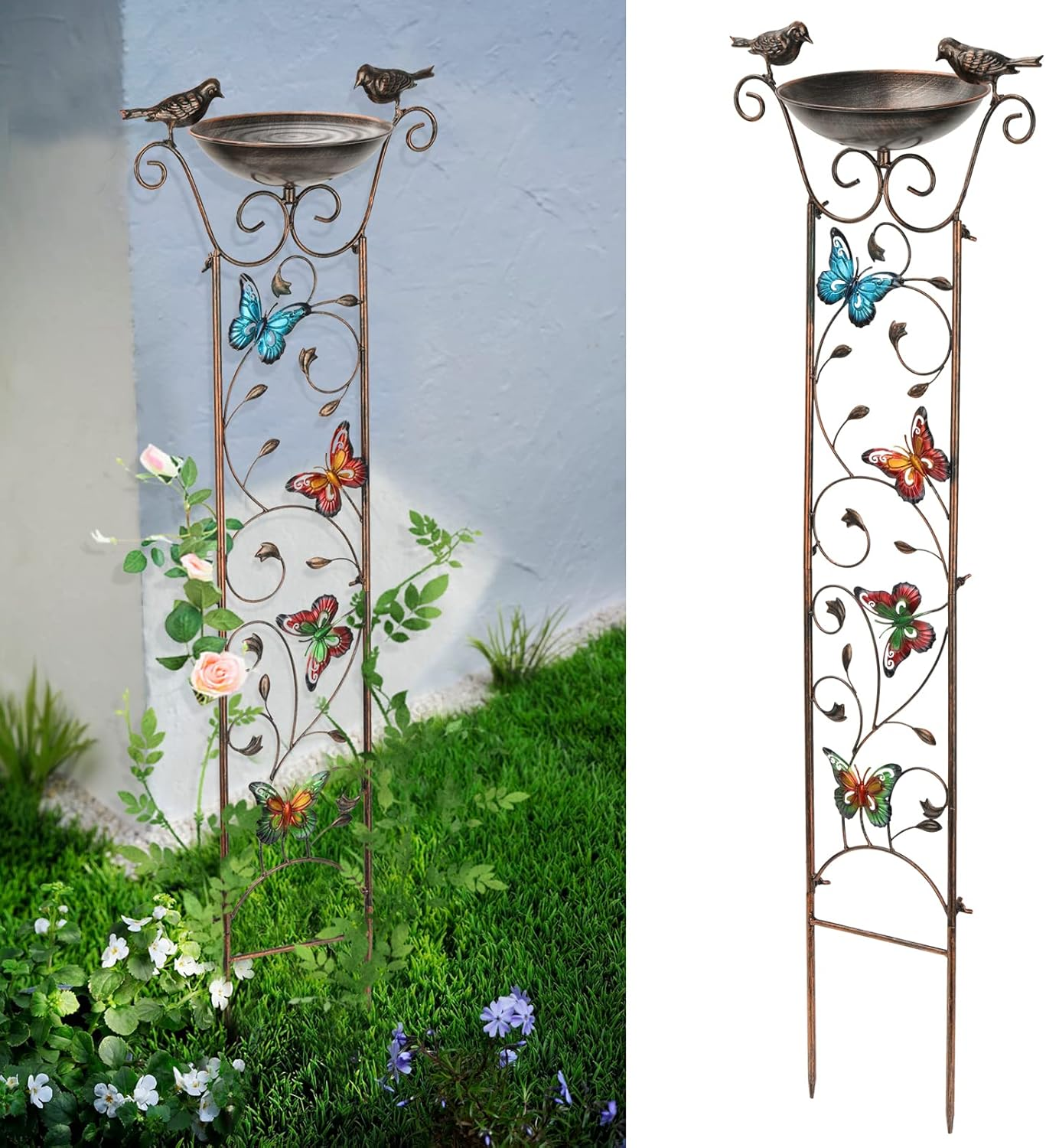 Bird Bath with Trellis Outdoor, Antique Garden Iron Trellis with Decorative B...