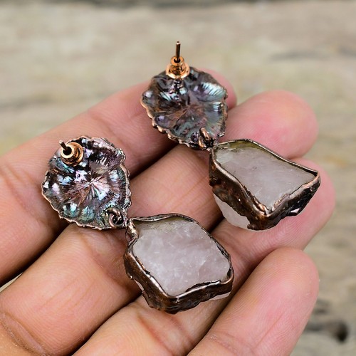 Copper Radiant Rose Quartz Rough Stone Bezel Electroformed Drop Earrings Jewelry - Picture 5 of 6