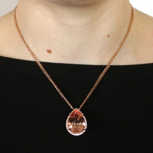 Oro Rosa Morganita Y Diamante Halo Collar 16" - 14k Corte Pera 21.01ctw - Imagen 3 de 5