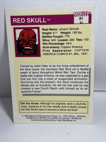 1990 MARVEL COMICS SUPER VILLAINS SERIES 1 RED SKULL TRADING CARD #81 - Picture 2 of 2