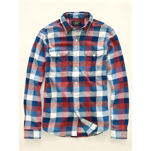 2015 RRL Plaid Cotton Linen Workshirt Red Navy Checks *Defects Men's XXL 2XL