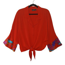 Vintage CAROLE LITTLE Vibrant Red Orange 90s Button up Blouse Artsy Flowy 917