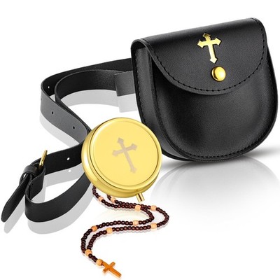 2 PCS Catholic Pyx For Communion Host Leather Burse Gold Toned Cross Case