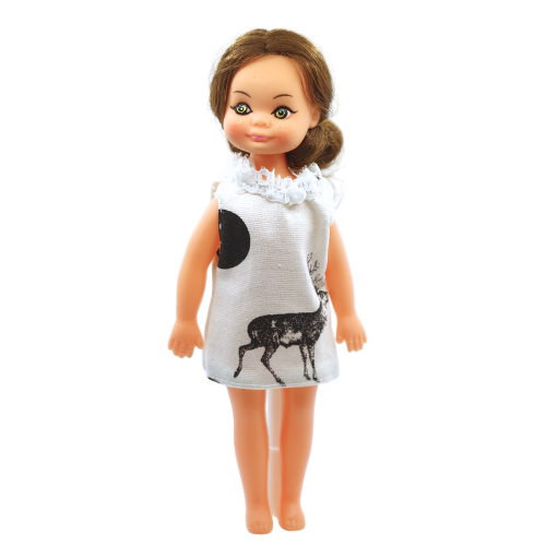 Vintage Hong Kong Plastic Doll 19.5cm White Deer Print Dress Brown Hair - Picture 3 of 5