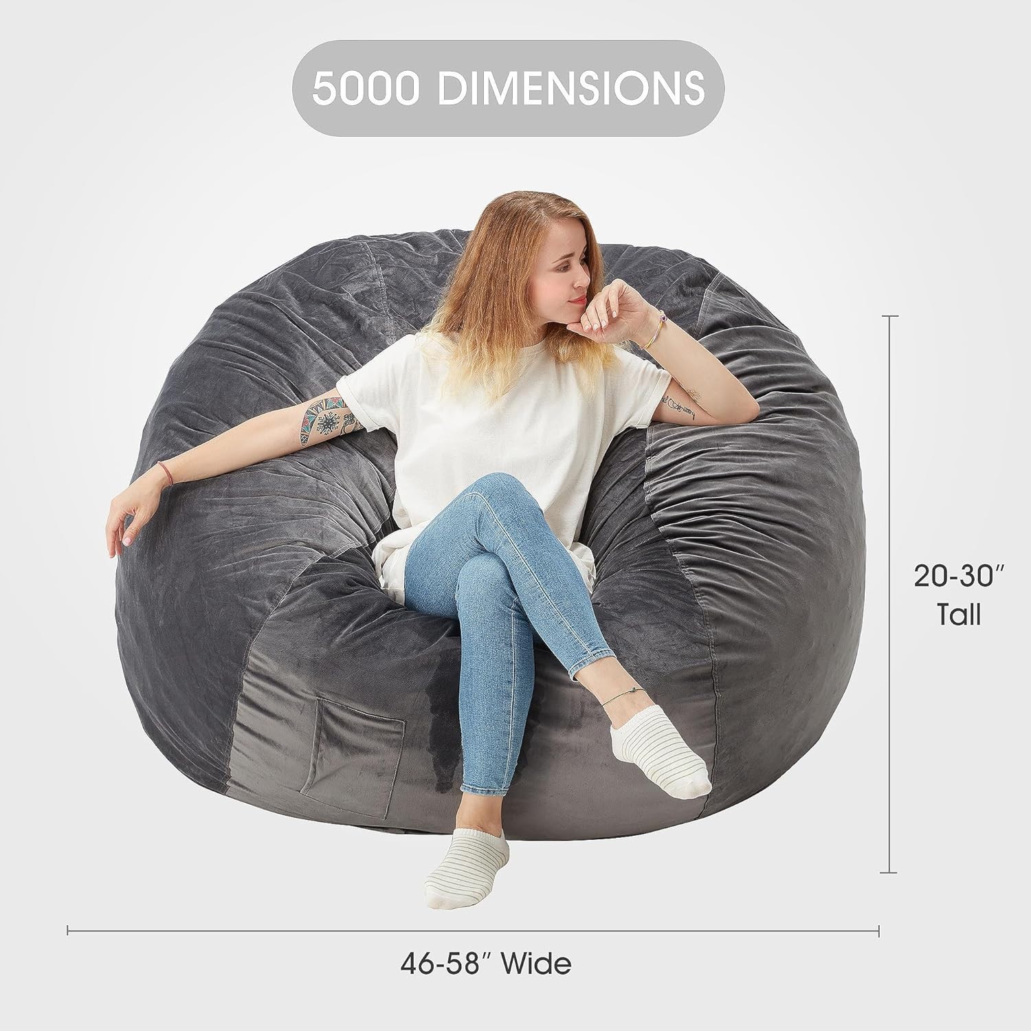 Giant 5ft Memory Foam Bean Bag Chair, Microfiber Cover, Silver Grey
