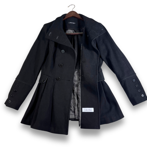 Calvin Klein Damen 4P Schwarz Wolle Schößchen Zweireiher Mantel Dark Academia - Bild 7 von 8