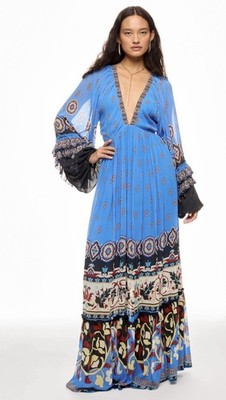 FARM Rio Anika Blue Tiles Blue Maxi Dress Size M Designer MSRP $330 Sku 2