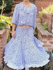 Vintage 80s Diane Fres L Georgette Blouse  Full Skirt Set Blue Drawstring Top