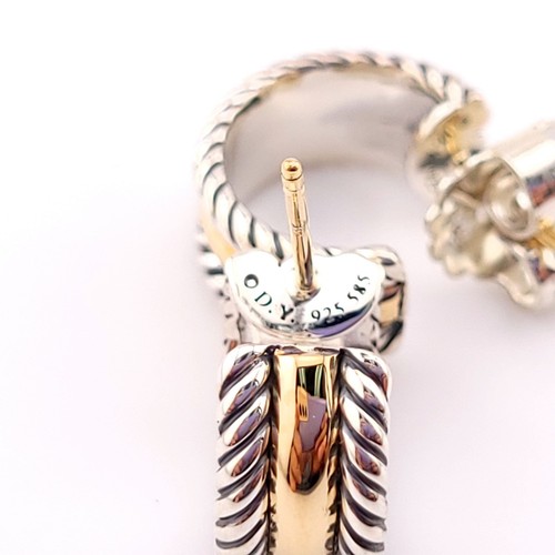 David Yurman Sterling Silver & 14k Gold 16mm Cable Thoroughbred Hoop Earrings - Picture 7 of 7