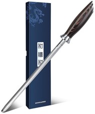 HOSHANHO 10" Honing Rod Kitchen Knife Sharpener High Carbon Steel Pakkawood Hand