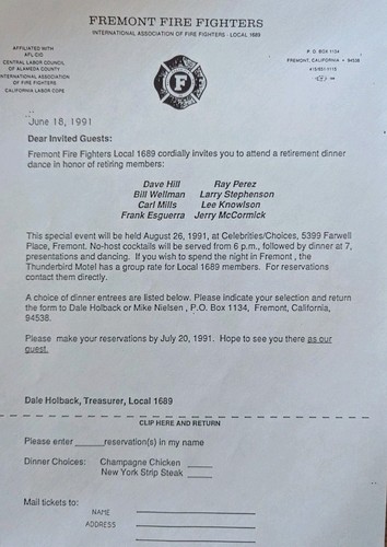 Programm Tickets Dokumente 1991 Fremont (CA) Feuerwehr Ruhestand Abendessen - Bild 4 von 6