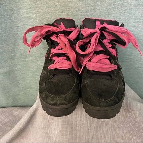 Women's Suede Black and Pink High-Top Sneakers Ribbon Laces 8 1/2 Vintage 90's - Picture 4 of 9