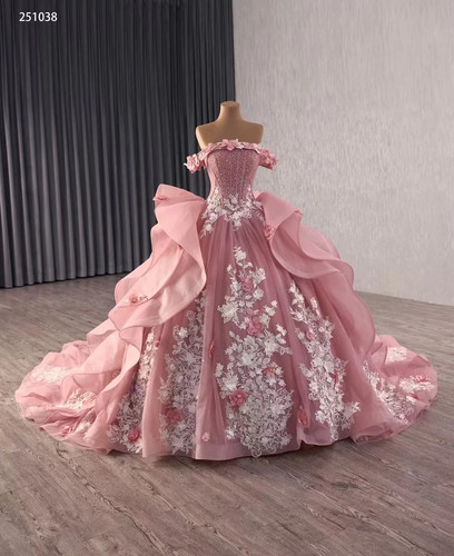 Rosa Quinceanera Kleider Ballkleid Schulterfrei Applikationen Perlen Mexikanisch - Bild 6 von 11