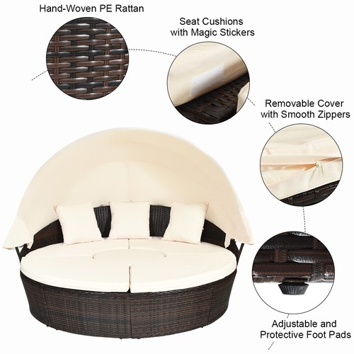 Patio Rattan Daybed Wicker Outdoor Sofa Bed Furniture Set w/ Canopy Pillow Table - Picture 4 of 7