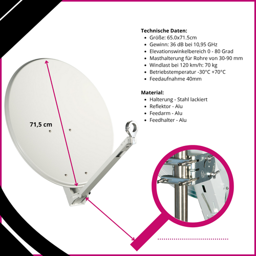 Gibertini Spiegel XP Premium 65cm lichtgrau | Alu SAT Antenne | stabil & robust - Bild 3 von 4