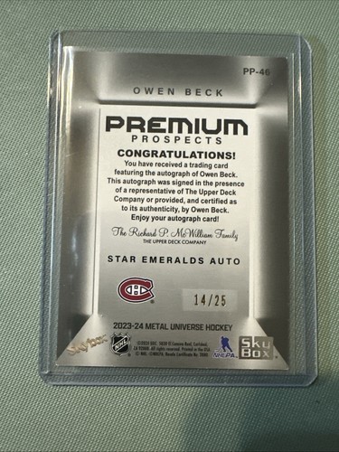 OWEN BECK /25 2023-24 Metal Universe Premium Prospects AUTO - Picture 4 of 5