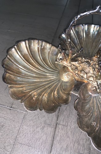 K2 FIGURAL PLATED SILVER IB & SG HANDLED LARGE 3 CLAM BONBON DISH BOWL - Picture 8 of 24