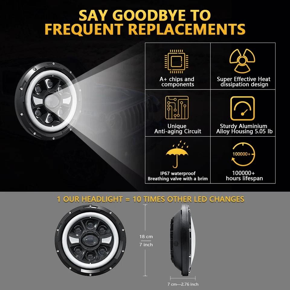 Pair 7" inch Round LED Headlights Turn Signal DRL For Ford Fiesta 1978 1979 1980 - Image 4 of 4