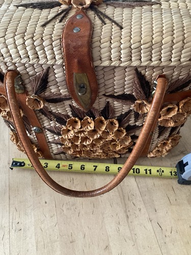 Vintage Straw Leather Tote Woven Bag Beach raffia Purse Large 70s Palm Royale - Picture 8 of 14