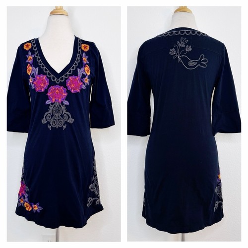Johnny Was JW Los Angeles Dress Tunic Sz Medium Black Embroidered Short-Sleeve