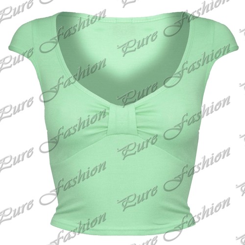 Ladies Bow Knot Stretchy Cap Sleeves Casual Womens Plain Basic Crop Top T Shirt - Picture 6 of 12