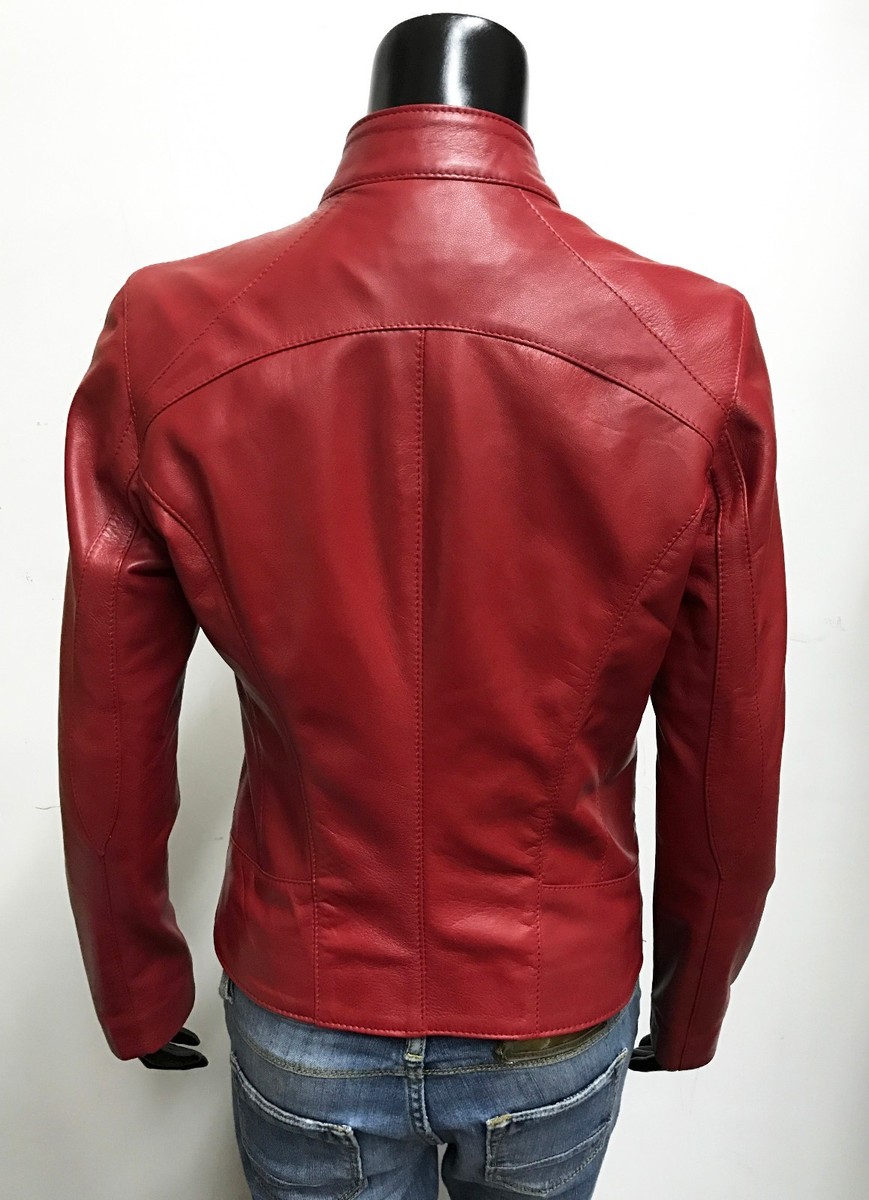 ITALIAN HANDMADE WOMEN LAMBSKIN LEATHER JACKET SLIM FIT COLOR RED