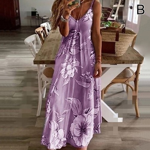 Summer Women Floral Long Dress Ladies Boho Beach Holiday Maxi Cami Dress - Picture 8 of 59