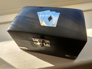 CHROME AND WOODEN DOUBLE CARD BOX POKER GAMES GIFT WITH TWO PACKS OF CARDS