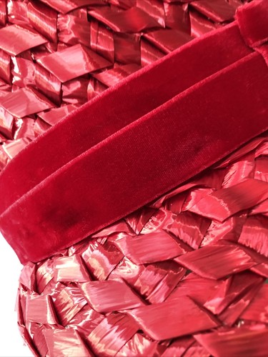 Vtg Red Cellophane Straw Bucket Hat Union Made Velvet Pleated Bow Costume 21" XS - Picture 9 of 12