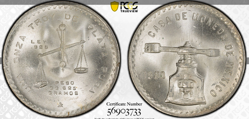 :1980/9-Mo 1-ONCE MEXICO SILVER BULLION PCGS NEAR SUPERB MS66 RARE R6 HIGH GRADE - Picture 3 of 3