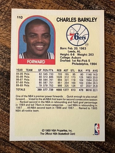 1989 NBA Hoops - #110 Charles Barkley Philadelphia 76ers - NM-Mint Condition - Picture 2 of 2