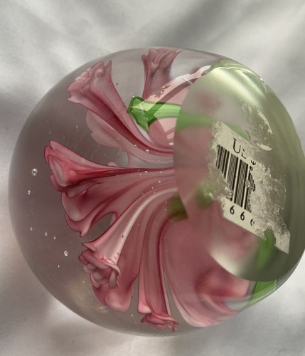 Vintage Art Glass Paperweight Pink Flower Green Stem Controlled Bubbles EUC - Picture 9 of 10